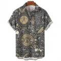 Men's vintage alchemical print short sleeve shirt casual hawaiian button down top summer - S / Tops / Dark Gray