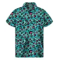 Camisa Manga Corta Estampado Leopardo Turquesa Hombre Casual Verano Botones Top - Estilo con Estampado de Leopardo Azul Rosa