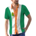 Andriko kontomaniko poukamiso me koumpia rigato kalokairi hawaii paralia casual top - S / Πράσινο Λευκό Πορτοκαλί Κάθετη Ριγέ Τριφύλλι