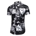 Herren Kurzarm Blumenmuster Hemd Freizeit Schwarz Weiß Sommer Knopfleiste Oberteil Tops - S / Oberteile / Schwarz (8806 Rosen-Druck)