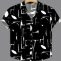 Camisa hombre manga corta casual negro blanco estampado geometrico top moda verano ropa - Estilo con Estampado de Hojas Geométricas en Blanco y Negro