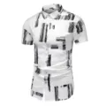 Herren Weiß Kurzarm Hemd Abstrakter Druck Lässiges Sommer Knopfleiste Casual Oberteil - Weiß (8807 Schwarzer Pinselstrich)