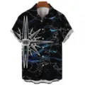 Men's summer casual short sleeve shirt stylish 3D compass print Hawaiian beach top new - S / Tops / Black