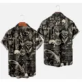 Men's vintage alchemical print short sleeve button-up shirt, casual gothic hawaiian top. - S / Black