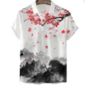 Men short sleeve shirt ink wash floral print casual summer button down top white variant - S / A001