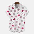 Summer men short sleeve lapel casual button shirt with cute pink heart graphic print pattern. - S / Tops / HJT41
