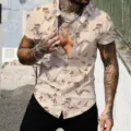 Men's casual short sleeve shirt featuring a vintage desert pyramid and palm tree print. - XS / HJB13