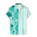 Uomo camicia hawaiana casual a righe verdi stampa ananas manica corta mare top - Taglia S / Top / Ananas Righe Verde Bianco Patchwork