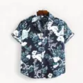 Men's summer short sleeve floral printed shirt, casual button down botanical shirt. - S / PNJ0865