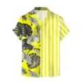 Camicia hawaiana a maniche corte da uomo design diviso floreale tropicale e righe verticali - Taglia S / Top / Foglia Tropicale Righe Giallo Bianco Patchwork