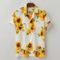 Herren lässige Kurzarm Sonnenblumen Druck Knopfleiste Hemd mit Tasche für Sommer. - S / Oberteile / Hellblaue Sonnenblume