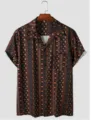 Men's short sleeve summer casual shirt with vintage geometric print and lapel collar design. - S / PNJ0687