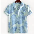 Men's short sleeve fern print casual shirt in light blue, summer button down shirt variant. - S / PNJ0688