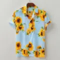 Herren Freizeit Kurzarm Hemd hellblau Sonnenblumen Muster Hawaii Knopfloch Top Sommer - S / Oberteile / Hellblaue Sonnenblume