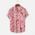 Herren rosa Pilz Druck Kurzarm Freizeit Hemd mit Brusttasche und Reverskragen. - S / Oberteile / Rosa Pilz