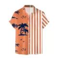Camicia hawaiana casual a manica corta da uomo con stampa tropicale e righe. - Tramonto Palma Righe Arancione Bianco Patchwork