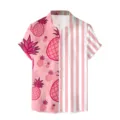 Uomo estate manica corta camicia hawaiana casual spiaggia rosa ananas rigata top moda - Rosa Bianco Ananas Patchwork