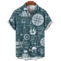 Men's short sleeve casual shirt featuring vintage nautical map and manuscript print design. - S / Tops / HJ-DL032