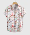 Herren Freizeit Kurzarm Hemd mit modischem vintage Pilzen botanischem Alloverprint. - 3XL / Oberteile / Weißer Pilz-Poststempel