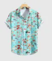 Lässiges Herren Kurzarmhemd mit auffälligem Pilz Allover-Druck für den Sommer. - 3XL / Oberteile / Hellblaues Vintage-Pilz