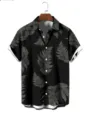 Men's summer short sleeve button-down shirt with white fern leaf botanical print black top - S / PNJ0860