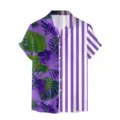 Camicia hawaiana da uomo a maniche corte con stampa floreale tropicale e righe. - Floreale Viola Righe Viola Bianco Patchwork