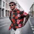 Men's short sleeve Hawaiian shirt, black and red floral print casual summer holiday beach top. - Black Red-White Floral