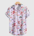 Herren Freizeit Kurzarm Hemd mit vintage Pilz All-Over-Print Knopfleiste Sommershirt. - 3XL / Oberteile / Hellviolett Pilz