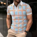 Polo homme à manches courtes imprimé 3D avec zip haut d'été décontracté motif pied-de-poule - G32P724