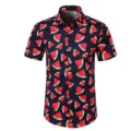 Men summer short sleeve aloha shirt with stylish watermelon fruit print casual button down top - Dark Blue Watermelon Print