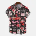 Summer casual short sleeve lapel shirt with romantic Valentine's day allover print pattern. - S / Tops / HJT51