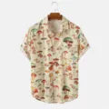 Herren Vintage botanische Pilz Druck Kurzarm Freizeit Hemd mit Brusttasche Knopfleiste. - 3XL / Oberteile / Vintage-Pilzpflanze