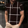 Close-up view of the men's short sleeve polo shirt featuring a stylish white grid print design. - S / Tops / XT8802