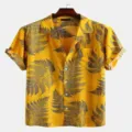 Men's yellow short sleeve shirt with fern print, casual summer beach button up top variant. - S / PNJ0863