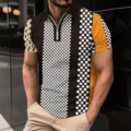 Men's short sleeve 3D digital printed polo shirt detail showing collar zipper design. - S / Tops / XT-8806