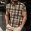 Men casual short sleeve zipper polo shirt with trendy brown and white plaid pattern. - S / Tops / XT-8808
