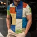 Men's short sleeve polo shirt casual 3D colorblock patchwork zip lapel top for summer - S / Tops / XT-8809
