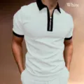 Polo de manga corta para hombre casual color de contraste cremallera slim fit top de verano - Blanco