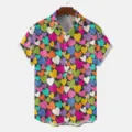 Men's casual short sleeve lapel shirt featuring a vibrant all-over colorful heart print design. - S / Tops / HJT50
