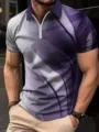 Détail polo homme manches courtes zippé imprimé géométrique 3D, haut décontracté élégant. - G32P743