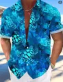 Men summer short sleeve casual beach shirt with blue turtle digital print for daily wear. - Turtle Print