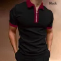 Men's Black Short Sleeve Polo Shirt with Red Contrast Zipper and Lapel Design Top - S / Black Red