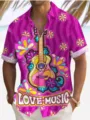 Mens summer short sleeve retro guitar graphic print casual Hawaiian shirt vibrant pink top - Music Print