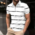 Men short sleeve zipper polo shirt casual white black striped slim fit summer top - S / Tops / XT-8804