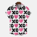 Summer casual short sleeve lapel shirt with trendy XO and pink heart graphic print for men. - S / Tops / HJT43