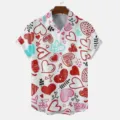 Casual short sleeve button down shirt for men featuring colorful doodle heart print summer style. - S / Tops / HJT44