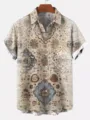 Men's Vintage Persian Rug Print Short Sleeve Shirt Retro Casual Turn-Down Collar Button Top - S / Tops / HJ-DL036