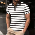 Men's short sleeve black and white striped polo shirt with zipper lapel casual top for summer. - S / Tops / XT-8807