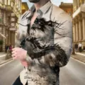 Men's casual long sleeve shirt featuring a striking 3D ink dragon print and classic lapel. - 3XL / Tops / HJ-hd1128