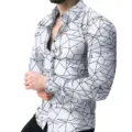 Men's slim fit long sleeve shirt featuring abstract geometric 3D print and lapel collar. - 3XL / Tops / HJ-hd1114
